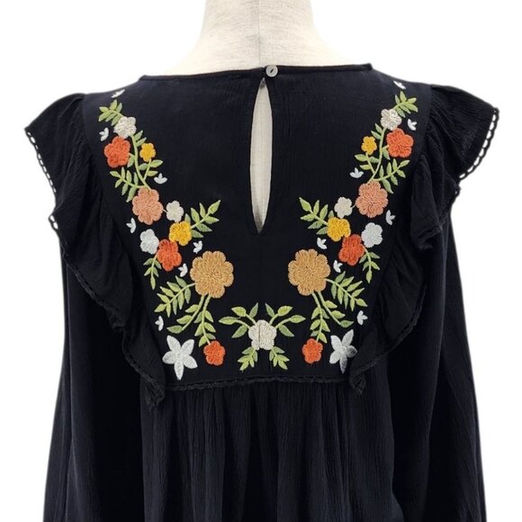 NEW In Loom Womens XS Top Embroidered Floral Tunic Peasant Black Multicolor Boho - Picture 6 of 12